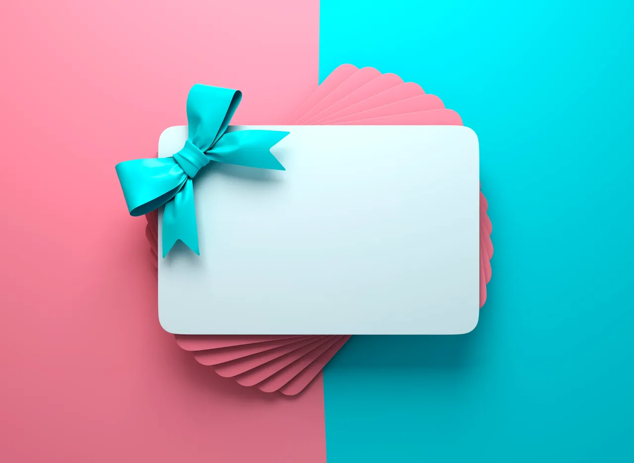 A white card with a blue bow on top of it.